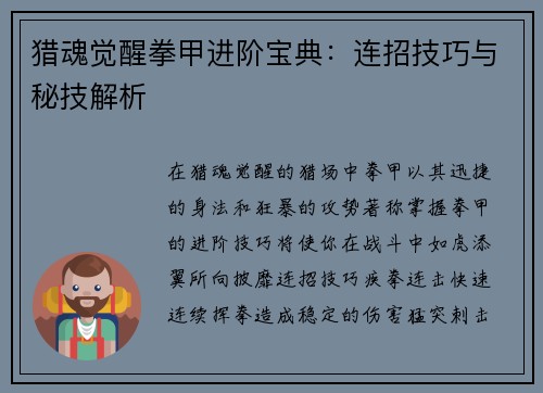 猎魂觉醒拳甲进阶宝典：连招技巧与秘技解析